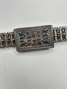1970’s Vtg Belt EASY RIDER Motorcycle Chrome Chain Etched Buckle Belt 35" Biker
